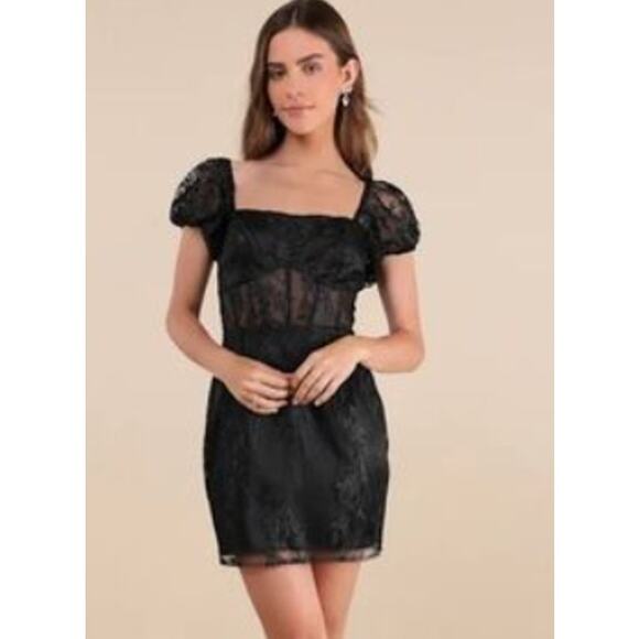 Lulus Seriously Cute Mini Dress Black Embroidered Mesh Puff Sleeve Large NWT - Picture 1 of 9